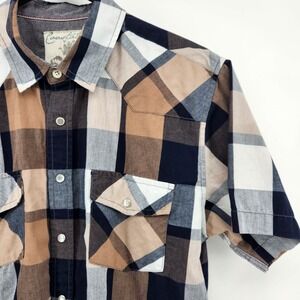 Coastal Casual Peral Button-Up Shirt Plaid Men's Blue Tan Short‎ Sleeve Top